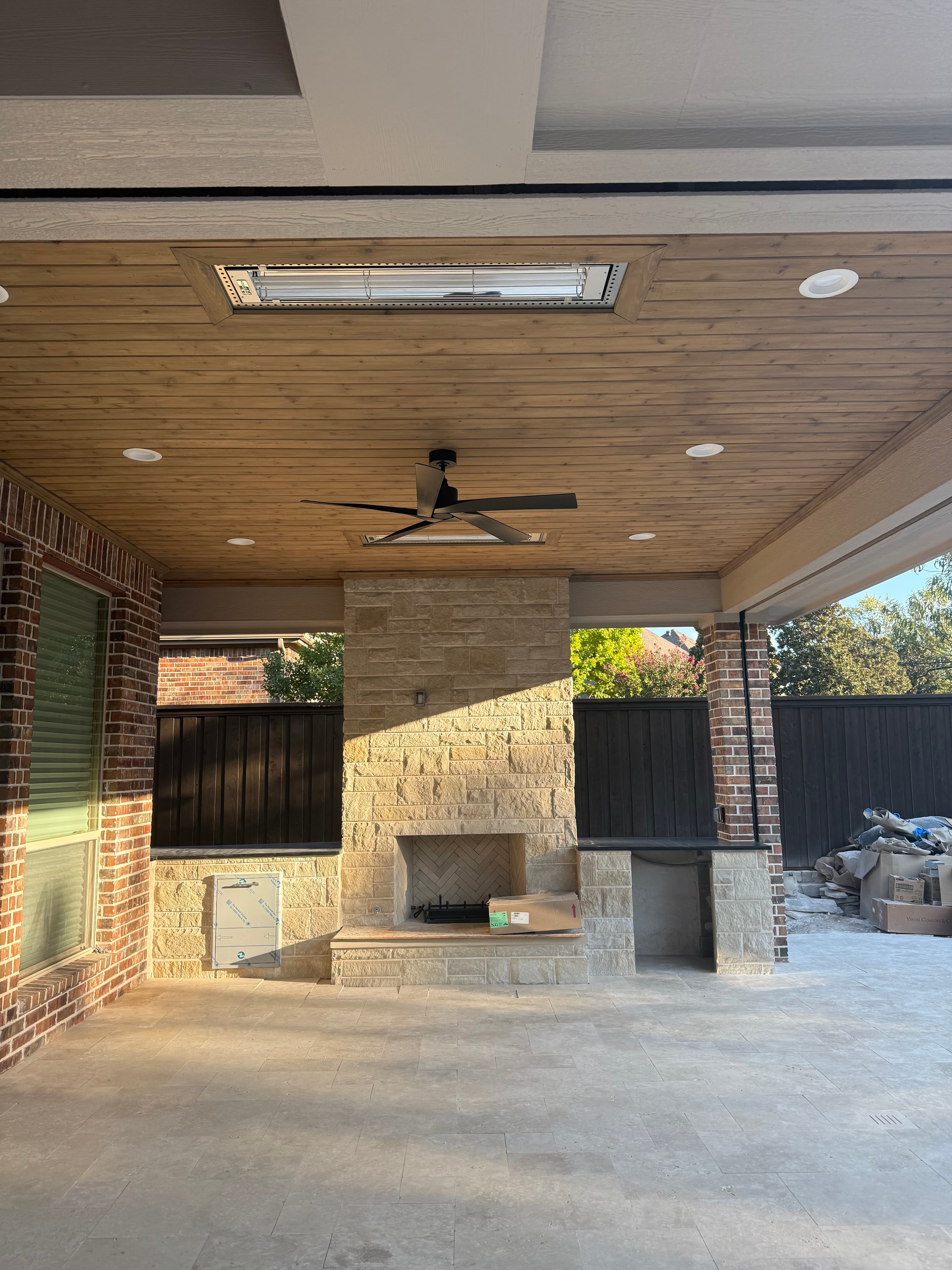 Wood ceiling patio cover over an outdoor kitchen